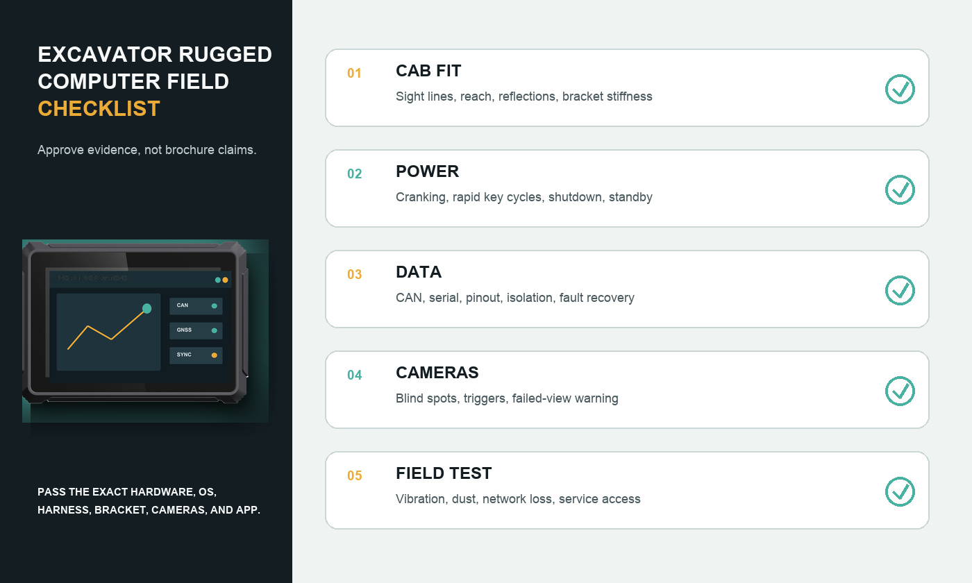 Excavator rugged computer buyer checklist for cab fit power interfaces cameras and validation