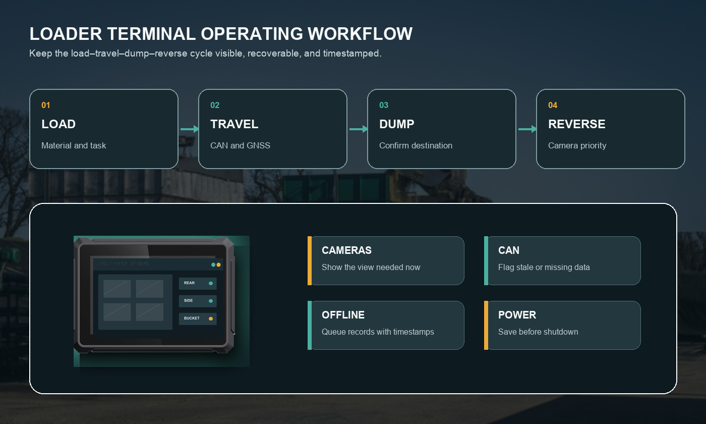 Loader vehicle terminal workflow connecting cameras CAN GNSS and dispatch