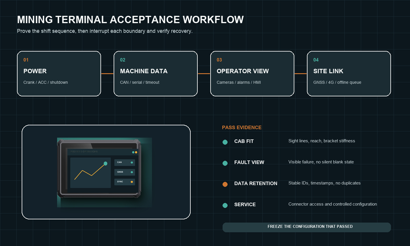 Mining terminal acceptance workflow for power CAN cameras GNSS and offline dispatch