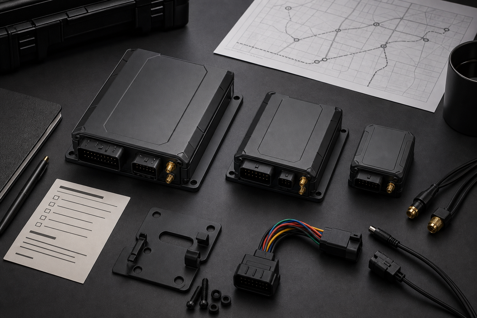 Vehicle terminal selection panel for fleet management PDS with sizes and interfaces.