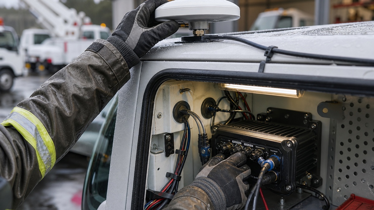 Rugged vehicle terminal and external sensor wiring installed on a commercial service truck