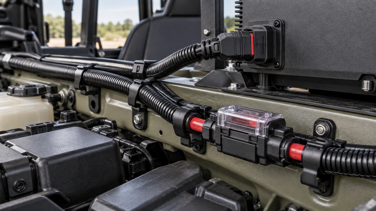 Wide voltage vehicle terminal power harness with protected connectors