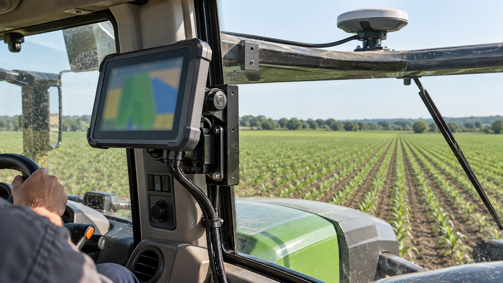 RTK terminal for tractor auto steering installed beside the driver with roof antenna