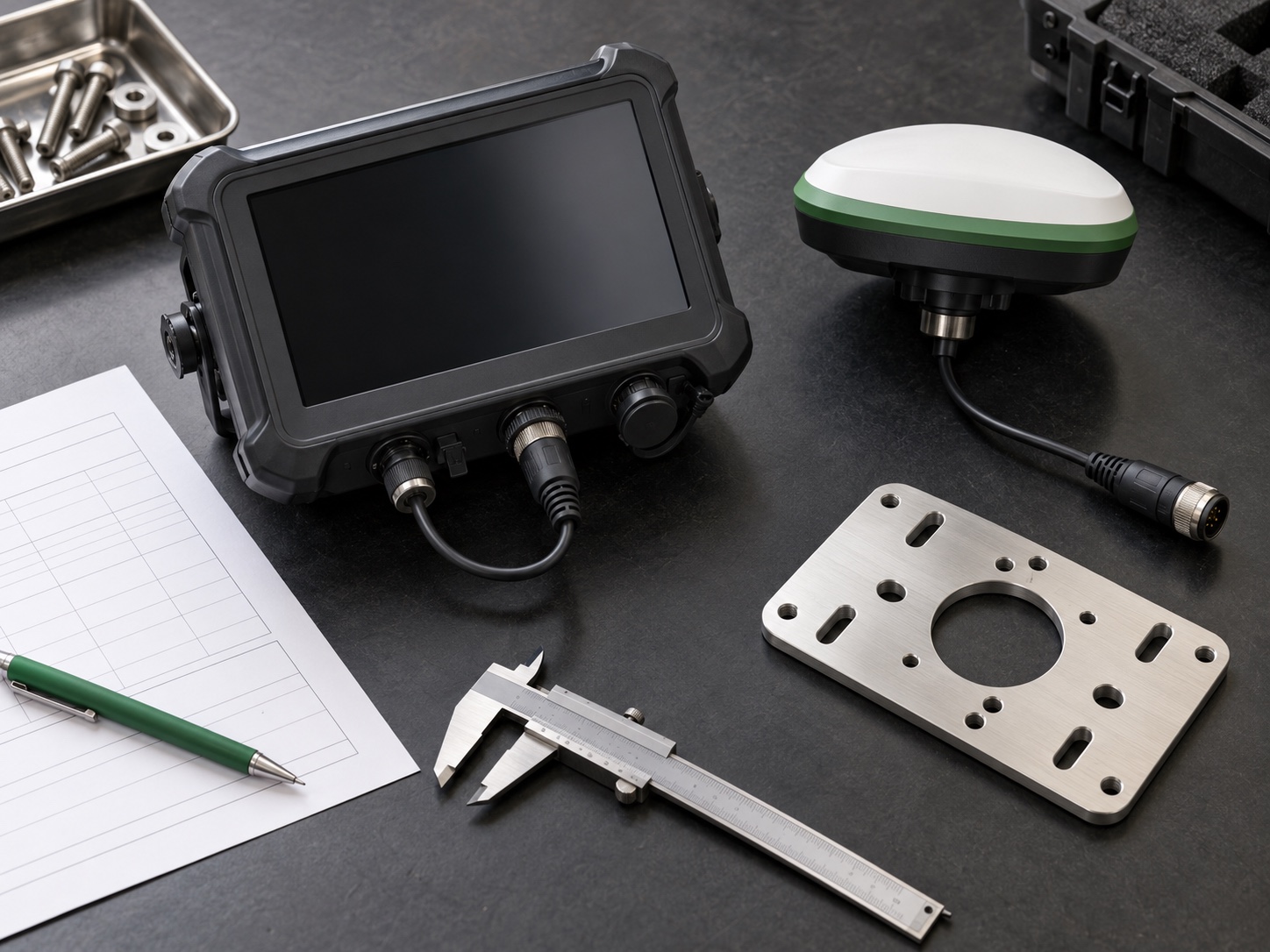 Tractor auto-steering RTK GNSS terminal and antenna validation bench with mounting hardware