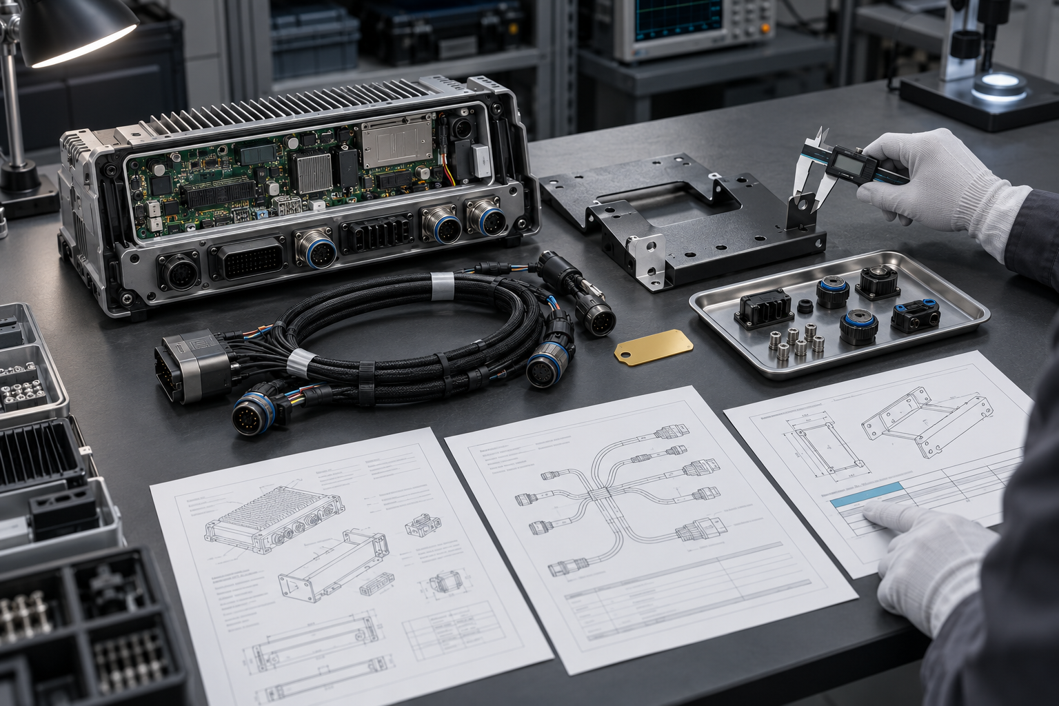 Beweiskette des Herstellers robuster Fahrzeugcomputer mit Zeichnungen, Kabelbaum und Halterungsprüfung